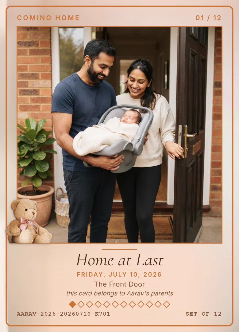 A couple smiling down at their newborn in a car seat as they arrive at their front door, on a peach keepsake card with a teddy bear in a pink bow
