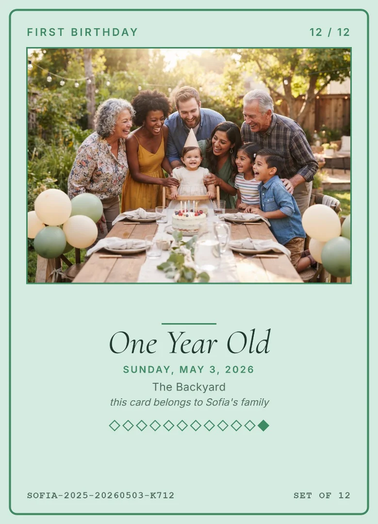 Three generations of a family laughing around a backyard birthday table as a one-year-old blows out her candles, on a mint keepsake card