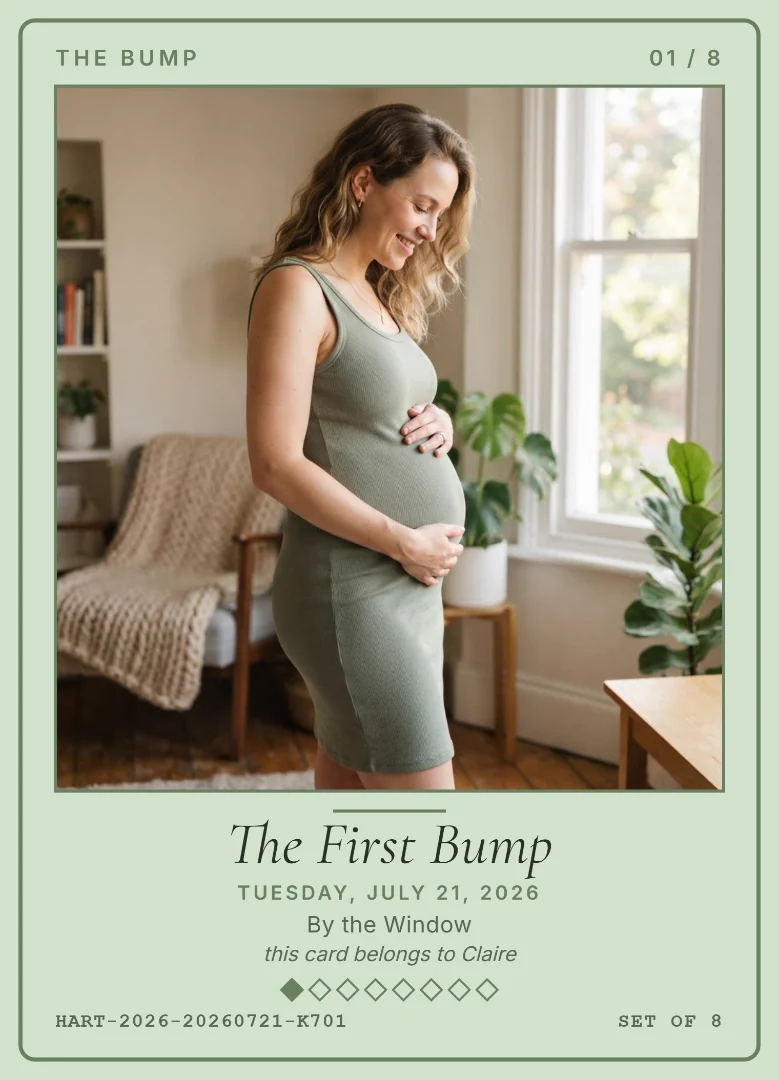 A woman in a green dress standing sideways at a bright window with a hand under her small bump, on a sage green keepsake card