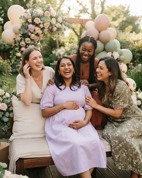 A mother-to-be in a lavender dress laughing with three friends at her baby shower in a garden